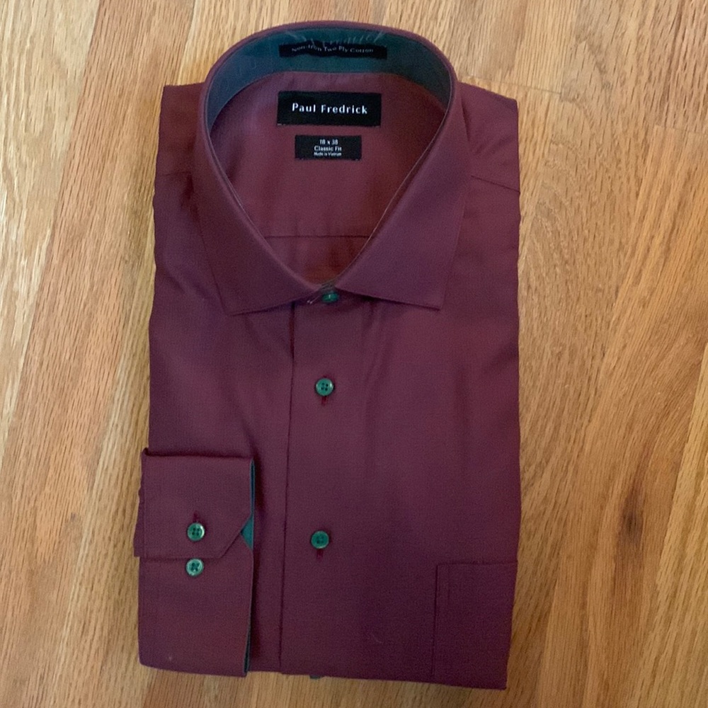 NWT Paul Fredrick classic fit no iron dress shirt green/rust
